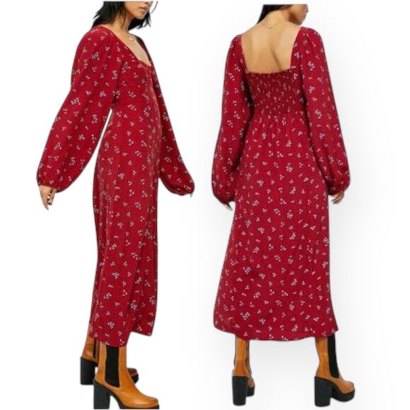 FREE PEOPLE Red Midi IRIS Dress Smocked Square Neck Puff Sleeve Cottagecore S - Picture 12 of 12